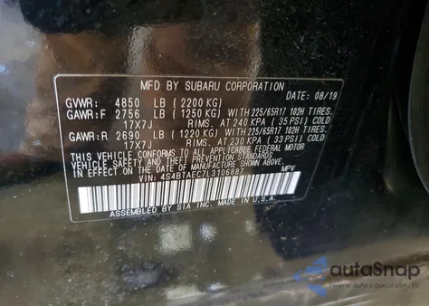 2020 Subaru Outback Premium z USA, uszkodzony, nr VIN 4S4BTAEC7L3106887